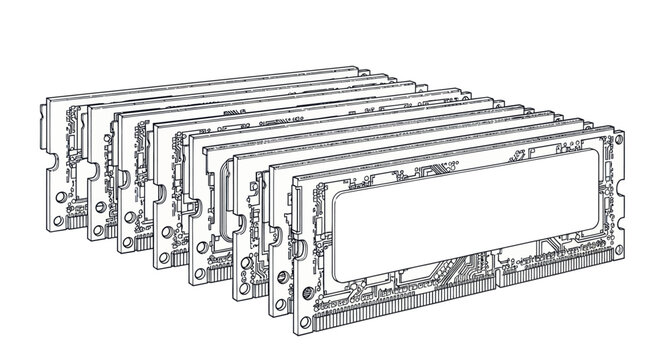 Line art illustration of computer RAM memory modules on a white background