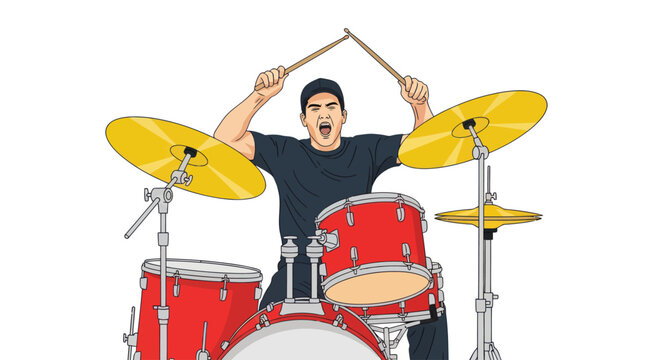 Energetic man playing a red drum set in a flat illustration style