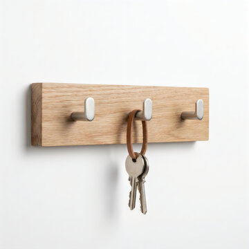 A modern wooden key rack with brushed metal hooks holds a set of keys with a leather strap.