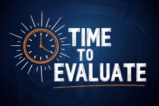 Time to evaluate written in white chalk on a blue blackboard with a clock illustration