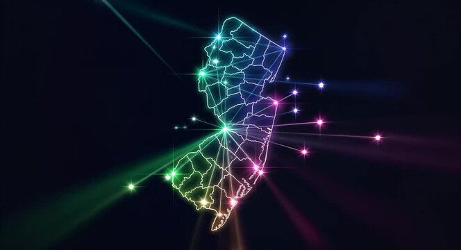 Colorful Neon Map of Israel in Dark Background