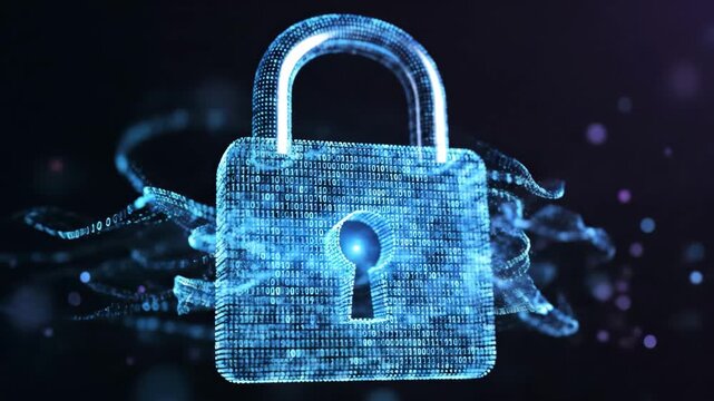 glowing blue digital padlock made of binary code against dark background. cybersecurity, data protection, encryption concept. information privacy technology. tech blog, software presentation.