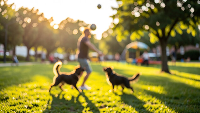Happy dogs and person playing fetch in a bright park setting