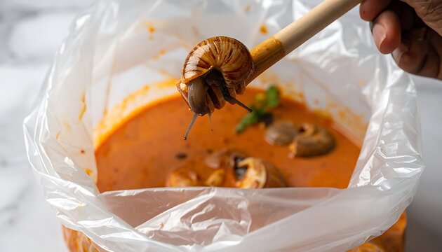 Close-up of a person using chopsticks to pick up a cooked snail from a plastic bag filled with spicy red soup and mushrooms, street food dish, exotic cuisine