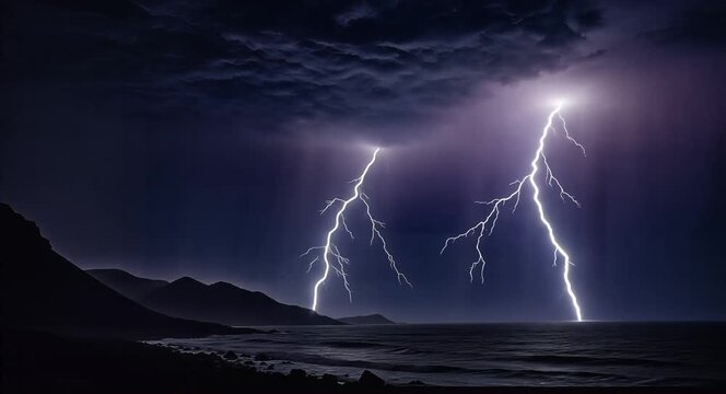 Dramatic lightning storm over mountainous coastline at night