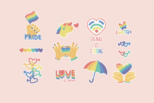 LGBTQ+ Pride sticker set with rainbow hearts, unicorn, and inclusive symbols. Love is love and equality concept. Flat vector illustration collection for Pride Month. Rainbow flag, pride month, gender.