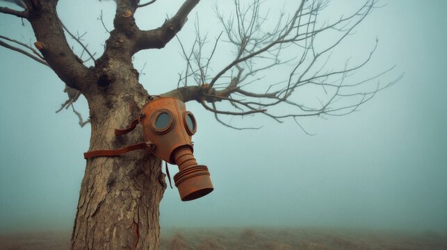 Surreal shot of a leafless lonely tree in a heavy smog, a large rusty industrial gas mask attached to the trunk, conceptual environmental art, dark moody