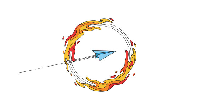 A paper airplane flies through a ring of fire, depicted in a stylized flat illustration with warm colors against a clean white background.