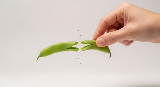 Hand holding a crisp green bean split open, revealing seeds and texture against a clean backdrop