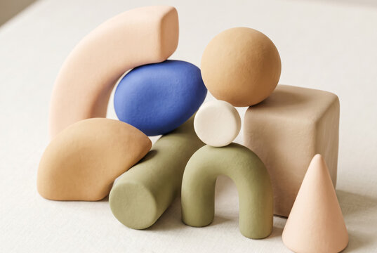 Minimal digital clay shapes arranged as soft pastel abstract sculpture.generative AI