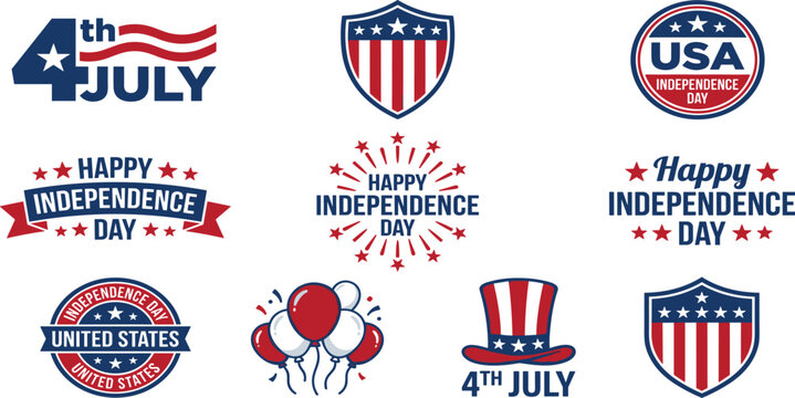 Fourth of July Independence Day Badge Set with American Patriotic Symbols Shields Ribbons Balloons and Top Hat for United States National Holiday Graphic Designs