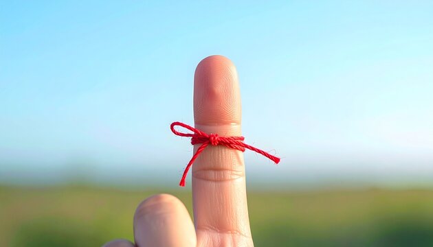 Close-Up of Fingers with Red Knots. Conceptual memory aid image with simple clean composition.