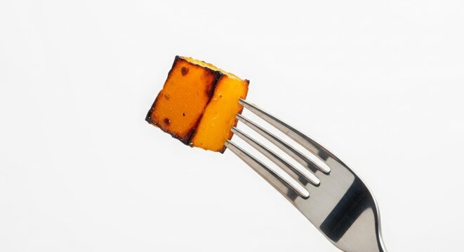 Roasted Butternut Squash Cube Impaled on a Silver Fork