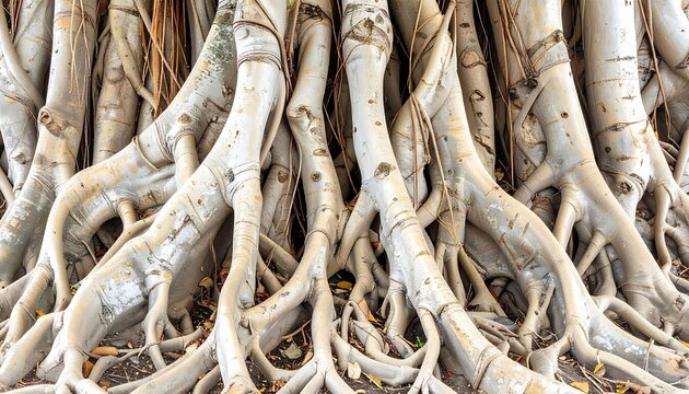 Close up view of a dense network of exposed tree roots and aerial roots, natural organic pattern, earthy tones, detailed texture, macro photography