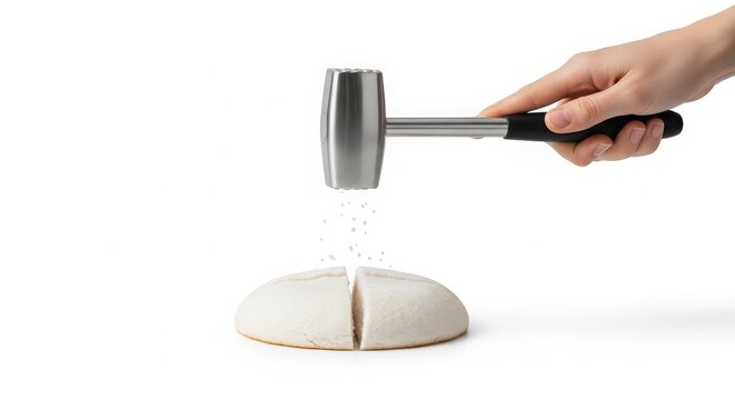 Hand using a metal mallet to crush coarse salt over a halved baked food item with a salt crust