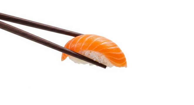 Salmon Nigiri Sushi Held by Chopsticks Against a Clean White Background
