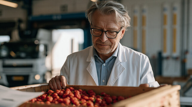Perishable goods quality inspector in lab coat opens random sample crate of strawberries inside cold chain receiving station, checking color and firmness against grading chart while refrigerated tru