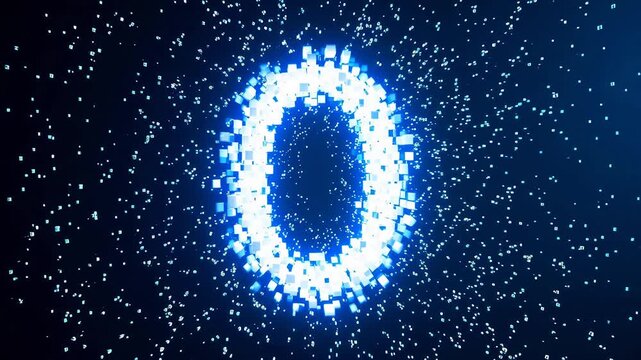 glowing blue-white 0 made of colorful light dots