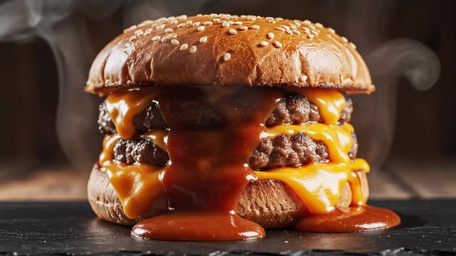 Double beef cheeseburger with melted cheddar and dripping barbecue sauce on a dark rustic background.