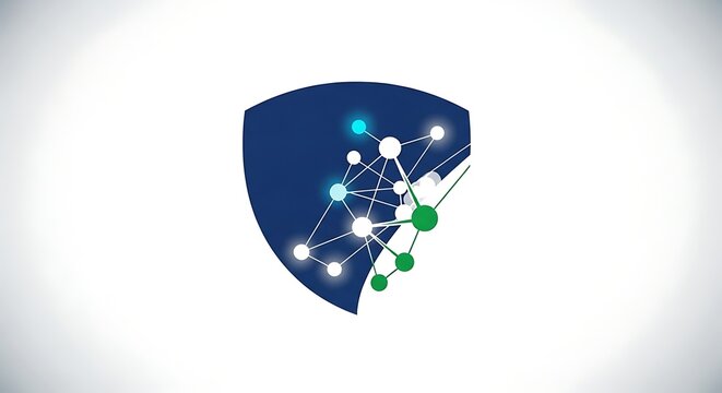 Abstract shield logo with digital network connection nodes and lines.
