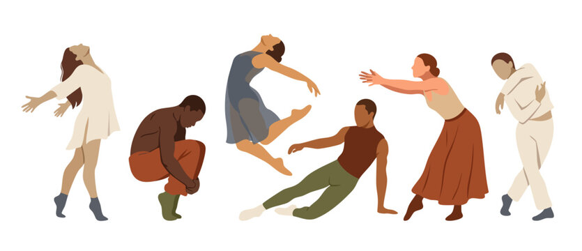 Diverse Contemporary Dancers Group Set - Minimalist Flat Vector Illustration of People Performing Ballet, Modern Dance and Artistic Movement on White Background for Choreography Design Concepts