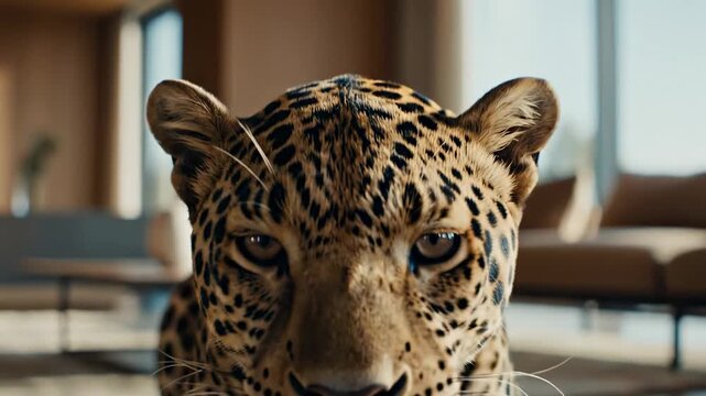 Close up portrait of a leopard in a luxurious modern living room setting representing wealth and exotic lifestyle.