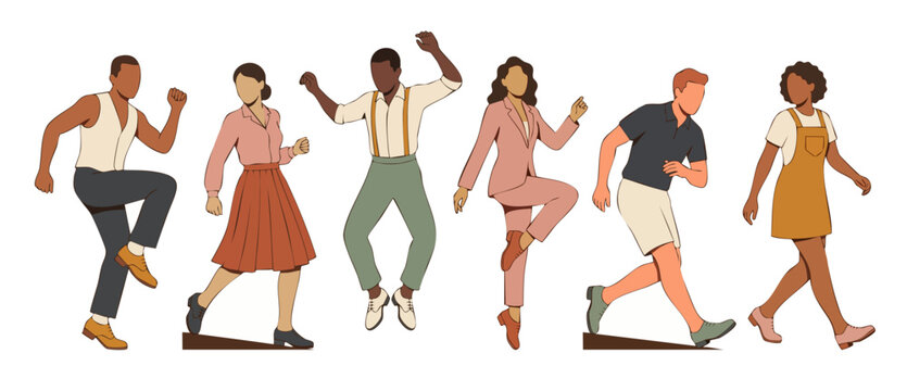 Diverse Group Dancing People Flat Vector Illustration. Trendy Young Men and Women Characters Enjoying Dance Movement and Expressing Happiness, Fun Concept with Minimalist Style on Isolated White Backg