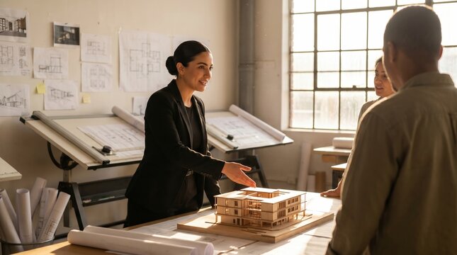 Young architect presenting wooden architectural model to clients in bright studio with drafting tables, blueprints and natural window light, collaborative professional meeting and planning