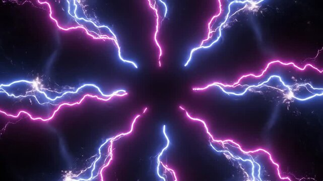 Abstract electric lightning bolts bursting from a central point on a dark background.