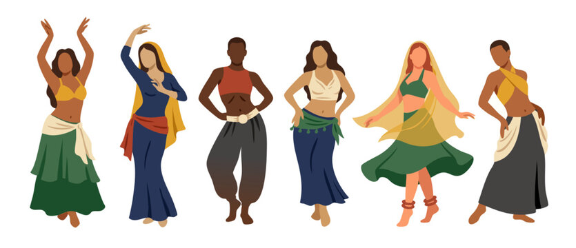 Belly dancers set, diverse women performing traditional oriental dance, flat vector illustration collection of female figures in colorful costumes and scarves, movement and cultural expression concept