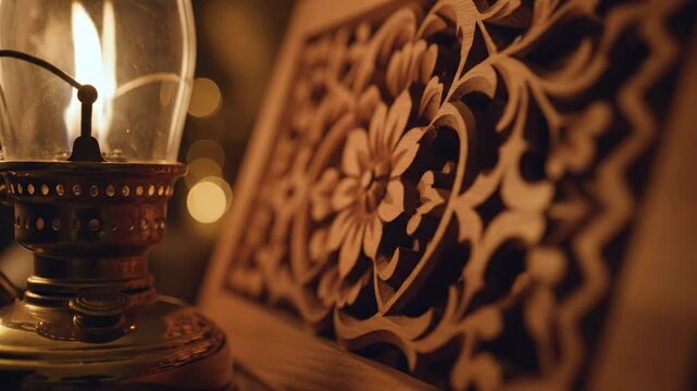 Traditional lantern and carved wooden panel with floral pattern for Ramadan and Islamic holiday decoration.