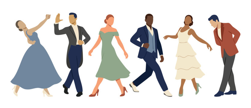 People Dancing Ballroom Elegance Collection, Diverse Couples in Formal Evening Attire Performing Waltz and Tango Steps, Flat Vector Illustration of Gala Celebration, Social Event Dance Party Concept A