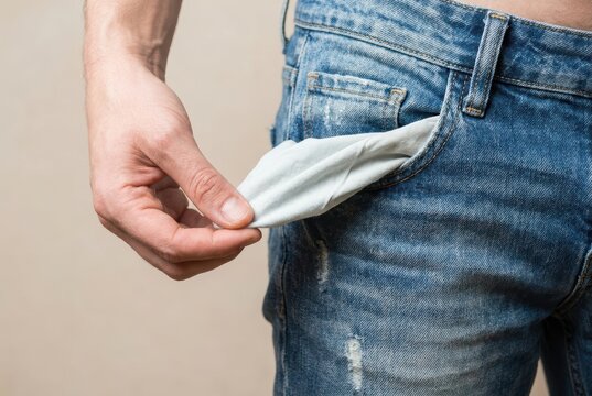 Closeup of a man pulling out an empty pocket of his blue jeans