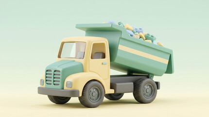 Fototapeta premium A3d rendered toy dump truck with a light green cabin and yellow body on a soft generated using ai
