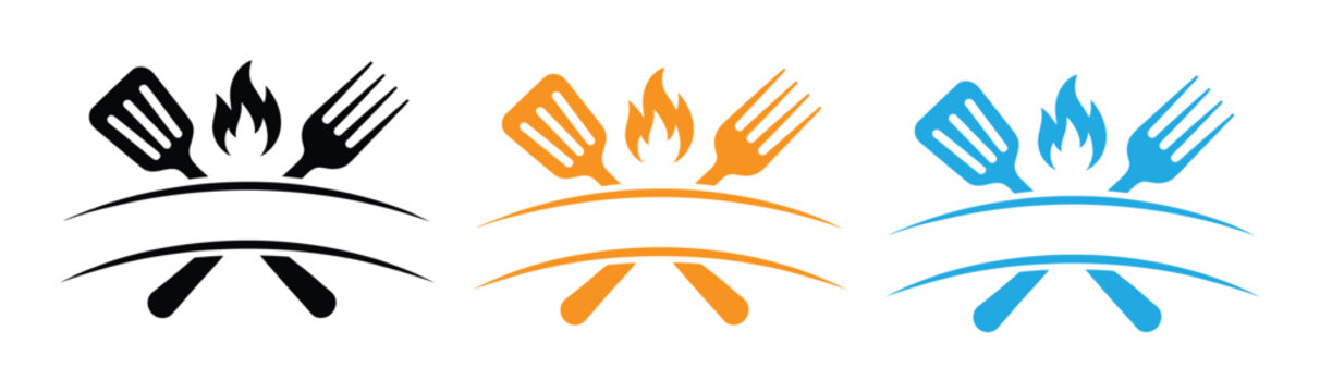  barbecue grill with spatula and meat fork icon set in outline and solid black silhouette styles isolated on white background for outdoor cooking.  bbq icon set with utensils and flame Vector illustra