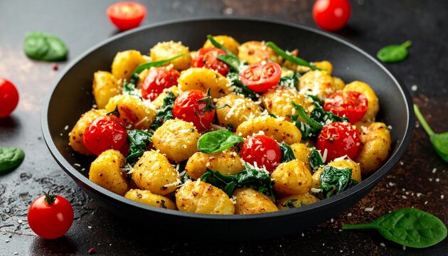 Gebratene Gnocchi mit Blattspinat, Cherrytomaten und Parmesan 
