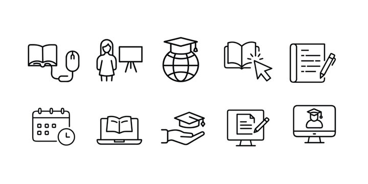 E-learning outline icons set education student university school graduation online course webinar tutorial book & more vector illustration with editable stroke.