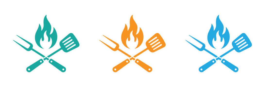 Crossed spatula fork icon, barbecue grilling utensil symbols, kitchen tools silhouette, colorful flat variants, cooking design