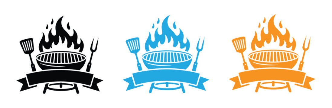 Minimalist barbecue icon set featuring a kettle grill, skewers on a grate, and crossed spatula and fork tools for outdoor cooking. Barbecue utensils silhouette and outline vector icon set for cooking.