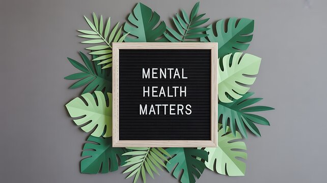 Mental health matters sign surrounded by green leaves with awareness, wellness