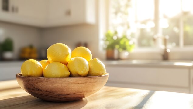 Fresh yellow lemons in a wooden bowl on a sunny kitchen countertop with a blurred background, of a kitchen, interior and bright, window light