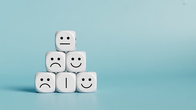 White dice with happy and sad faces arranged in a pyramid on a blue background