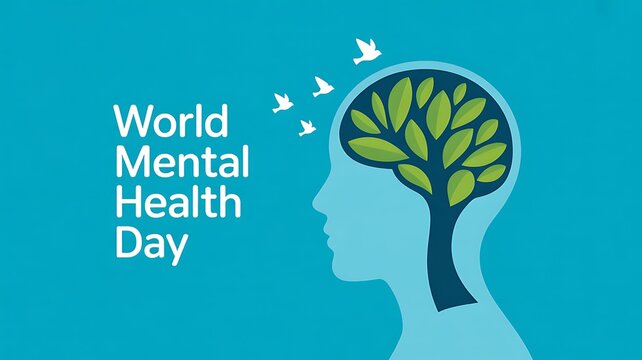 World mental health day illustration with brain and birds brain tree awareness