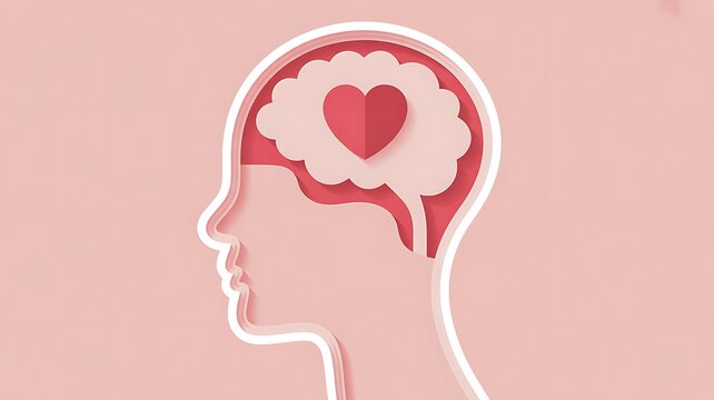 Illustration of a human head with a heart-shaped thought bubble, illustration