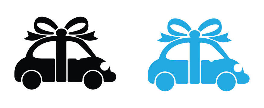 New car presented as a surprise gift with a festive ribbon. Gift car with bow line icon, featuring simple front view outline for promotion, anniversary, and holiday delivery