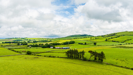 Obraz premium Patchwork fields spread across County Meath, Ireland, under heavy cloud. A peaceful Boyne Valley farming landscape of hedgerows, pasture and rural roads.