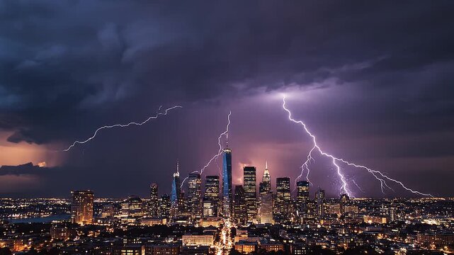 Cinematic footage of a dramatic lightning storm over a distant city skyline.