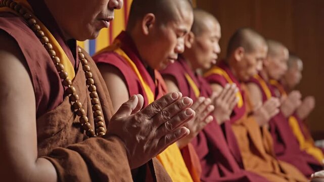 Close up of Buddhist monks in traditional robes praying with hands together during a spiritual ceremony.