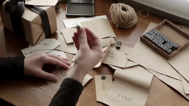 Person preparing handmade cards and gifts on a wooden desk with craft supplies