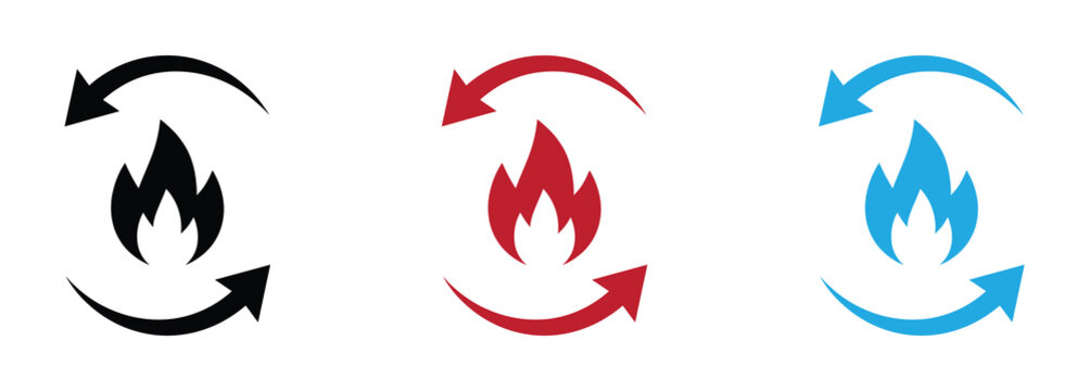 A set of three fire icons with circular arrows in black, red, and blue, symbolizing recycling or renewal of flames, for various design uses.